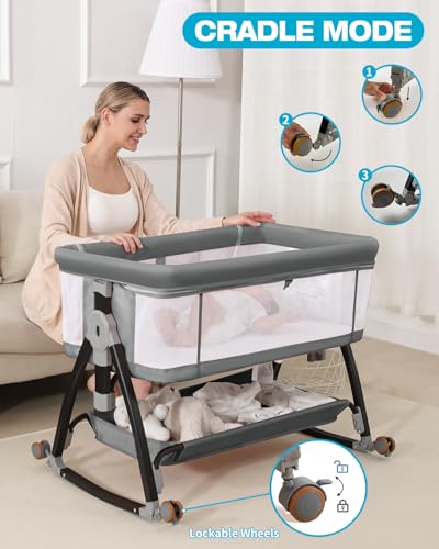 wayfong Baby Bassinet, Bassinet Bedside Sleeper with Wheels, Breathable Mesh Bedside Bassinet for Baby, Mosquito Net, Storage Basket, 6 Height Adjustable, Easy to Fold, Grey