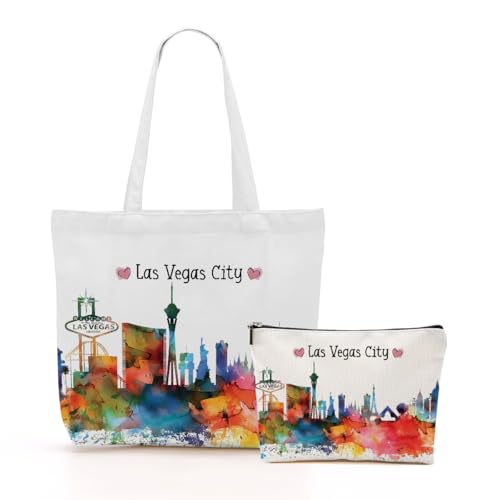 jeilink Las Vegas Souvenir Gifts Watercolor Las Vegas Lover Canvas Tote Bag Shopping Weekender Bags for Women Sister Coworker Christmas Birthday Reusable Grocery Bag with Pocket & Makeup Bag