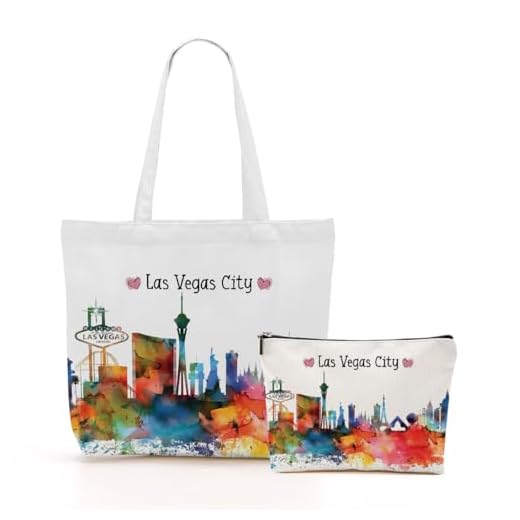 jeilink Las Vegas Souvenir Gifts Watercolor Las Vegas Lover Canvas Tote Bag Shopping Weekender Bags for Women Sister Coworker Christmas Birthday Reusable Grocery Bag with Pocket & Makeup Bag