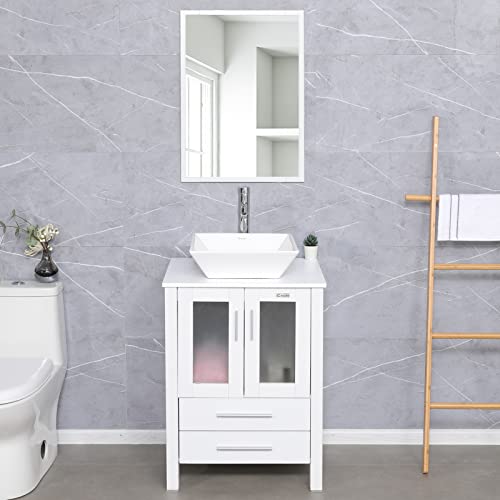 Uev 24" Bathroom Cabinet Vanity,White Round Ceramic Vessel Sink,Bathroom Vanity Top With Porcelain White Sink Set,Bathroom Faucet 1.5 Gpm,Overflow,With Mirror (White Vanity + Ceramic Sink) #TOP13