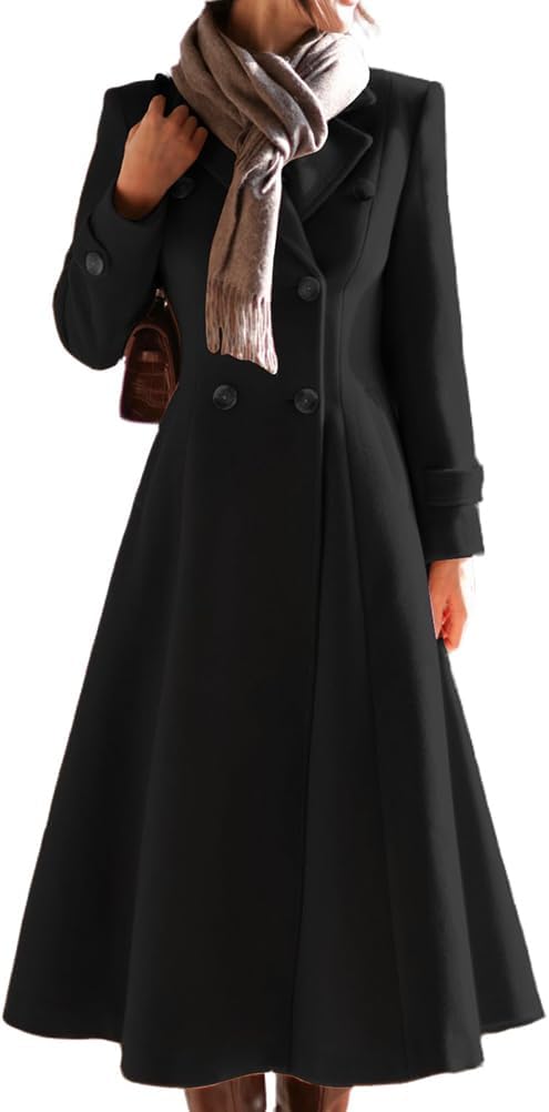 Kinghua Long Wool Coats for Women Fall Winter V Neck PeaCoat Double Breasted Dressy Blazer Jackets Trench Coat with Pockets - Image 2