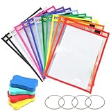 12 Stück Dry Erase Taschen, Abwischbare Durchsichtige Tasche Wiederverwendbare A4 Trocken mit 4 Radiergummis und 4 Edelstahl Ringe für Büro Schul Home