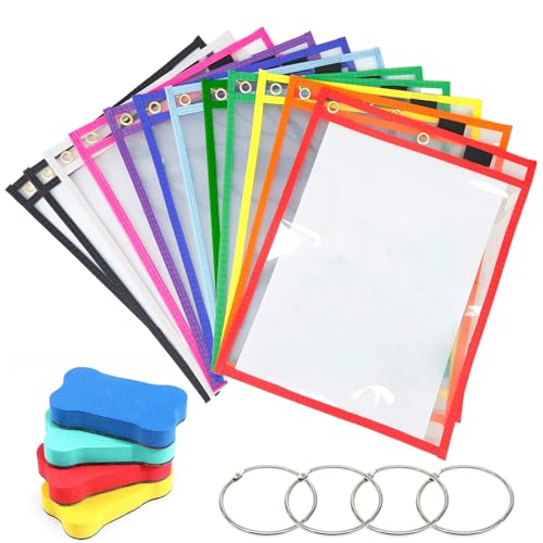 12 Stück Dry Erase Taschen, Abwischbare Durchsichtige Tasche Wiederverwendbare A4 Trocken mit 4 Radiergummis und 4 Edelstahl Ringe für Büro Schul Home