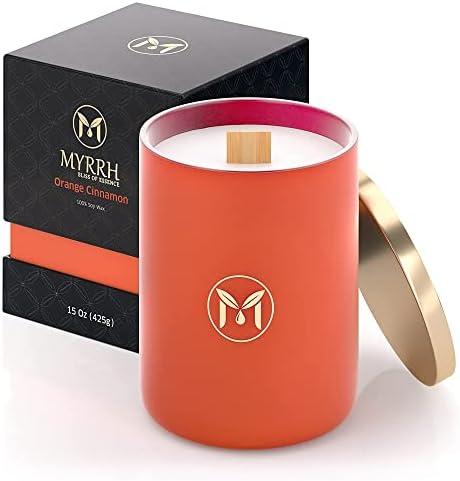 Orange Cinnamon Scented Candle, All Natural Pure Soy Candle, 15 Oz, Lasts Up to 75-80 Hours, Essential Oil Infused, Elegant and Relaxing Aromatherapy Candle, Candle Gift for Home Decor - MyrrhUSA