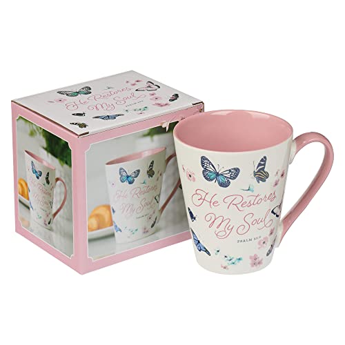 Christian Art Gifts Comforting Butterfly Ceramic Scripture Coffee And Tea Mug For Women: He Restores My Soul - Psalm 23:3 Bible Verse, Dishwasher/Microwave Safe, Pink And White Floral, 14 Oz. #TOP2