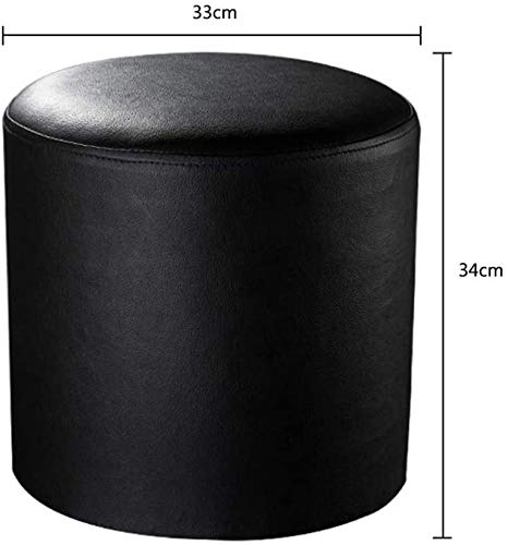 Pouf rond noir en cuir et bois massif salon 33x33x34cm - 2