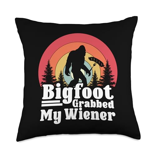 Bigfoot Lover Funny Food Saying - DressedForDuty Bigfoot Grabbed My Wiener Retro Humor Throw Pillow, 18x18, Multicolor