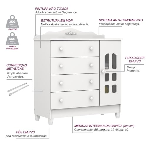 Cômoda Infantil Provençal 4 Gavetas com Fraldário Lisa Branco Brilho Carolina Baby