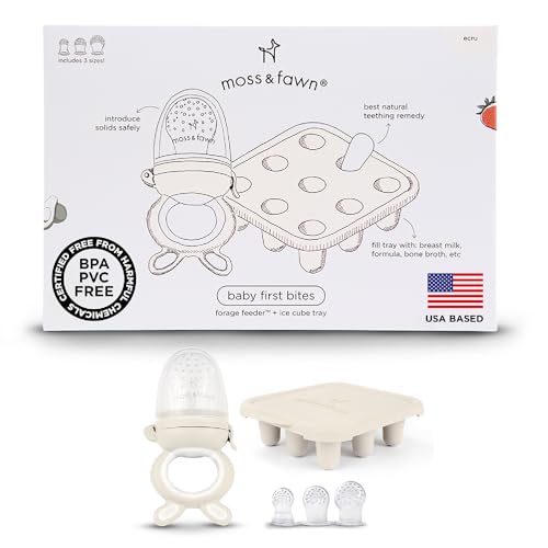 Moss and Fawn Babys First Bites Bundle - Silicone Frozen Breast Milk Popsicle Kit with Forage Feeder & Teething Popsicle Ice Cube Tray - BPA PVC & Lead-Free - Ecru