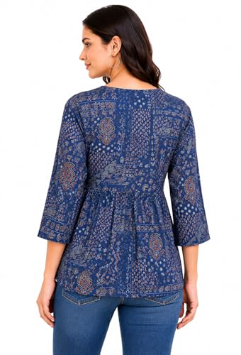 Image of ATTEM Women's Pure Cotton Printed Top | Casual Western Tunic for Women | 3 /4 Sleeve V-Neck Tie-Up Regular Fit Top | Office Wear