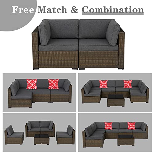 J-Sun-7 Patio Loveseat Patio Furniture Corner Sofa, 2 Piece Wicker Rattan Outdoor Sectional Sofa Set With Removable Cushions,Extra Chair Furniture (Loveseat, Brown/Dark Grey) #TOP4