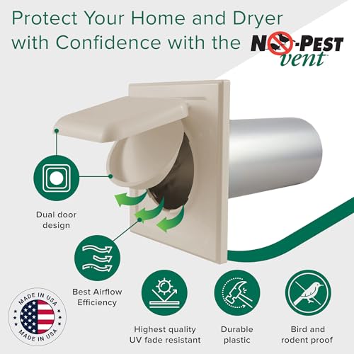 Image of NO-PEST VENT Dual Door Dryer Vent Cover 4 Inch Outdoor, Made in USA, Highest UV-Resistant Plastic, No Lint-Collecting Screen (Tan, 4 inch Plastic Vent With Duct Tube)