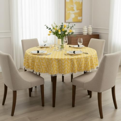 Image of HOMEMONDE Cotton Premium Dining Round Table Cover with White Border Pom-Pom, 45 x 45 Inches Yellow Arrow Printed Table Cloth 4 Seater, Round Table Cover - (114x114 CM, Yellow Arrow)