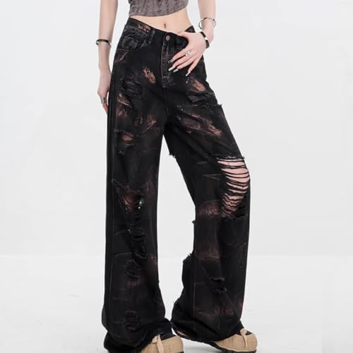 Fashion Harajuku High Waisted Straight Leg Denim Pants Y2K Vintage Ripped Fringe Tie-Dye Streetwear Jeans3