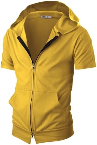 Ohoo Mens Comfortable Zip Up Hoodie Short Sleeve Lightweight Thin 100% Cotton Double Slide Zipper Jacket
