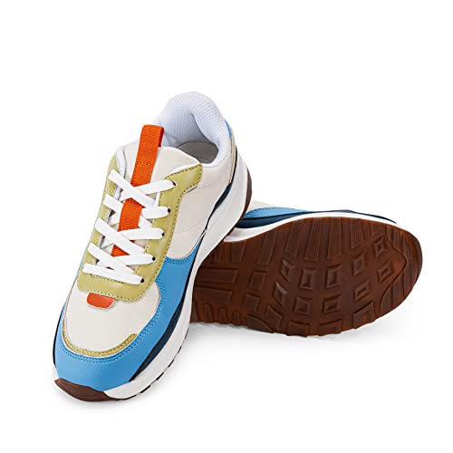 Womens Lace Up Platform Sneakers Retro Colorblock Faux Leather Suede Splicing Comfortable Non Slip Athletic Walking Shoe Blue #TOP3