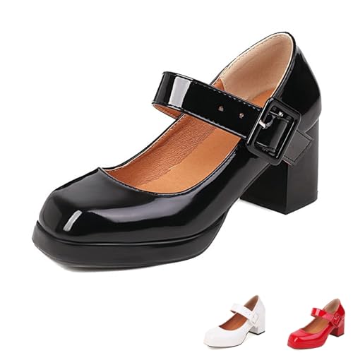 Women's Leather 2.36-Inch Block Heel Mary Jane Pumps Cute Comfortable Round Closed Toe Adjustable Ankle Buckle Platform Chunky Heel Pumps for Wedding Casual Dress Shoes