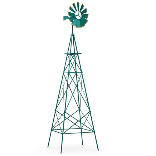 DREAMADE 8ft Steel Windmill, Farmhouse Windmill Decoration with Directional Vane, 4 Anchoring Stakes & Reinforced Base, Weather-Ready Garden Spinner for Backyard, Garden, Patios, Rural Areas (Green)