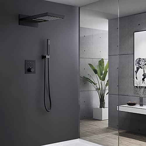 Rbrohant Thermostatic Shower System Matte Black, 20X11 Inch Rectangular Dual-Function Rainfall Shower Head With Handheld Sprayer, Wall Mounted, Solid Brass, Rough-In Valve Body And Trim Included #TOP1