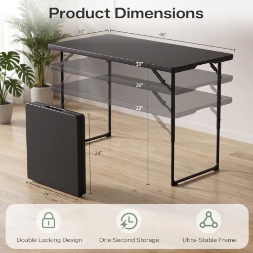 Image of Folding Table, 4 Foot Folding Picnic Table with Adjustable Height, Heavy Duty Folding Portable Table for Weddings, Camping, RV Travel, Parties, BBQs and Indoor Use, Easy to Fold and