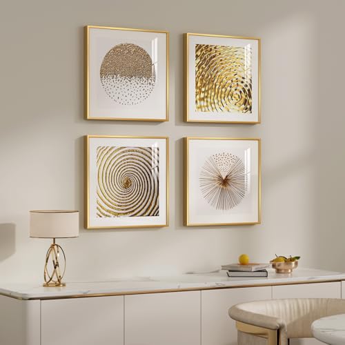 Framed Gold Modern Wall Art Prints, Set of 4 Piece Abstract Geometric White and Gold Wall Decor, Minimalist Contemporary Glam Square Wall Art for Dining Room Bedroom Office, 12x12 Inch by Cuspin - Used condition - Image 2