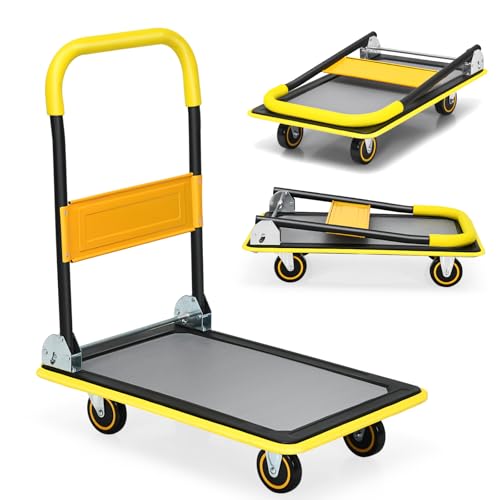 HOMFME Folding Platform Trolley, Heavy Duty Flatbed Platform Truck Dolly with Handle, Moving Push Hand Sack Truck Luggage Cart for Loading and Storage(Yellow,73x49x83cm,150kg Capacity)