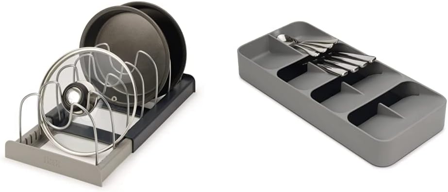 Joseph Joseph DrawerStore Expanding Cookware Organizer, Gray & DrawerStore Compact Cutlery Organizer Kitchen Drawer Tray, Large, Gray