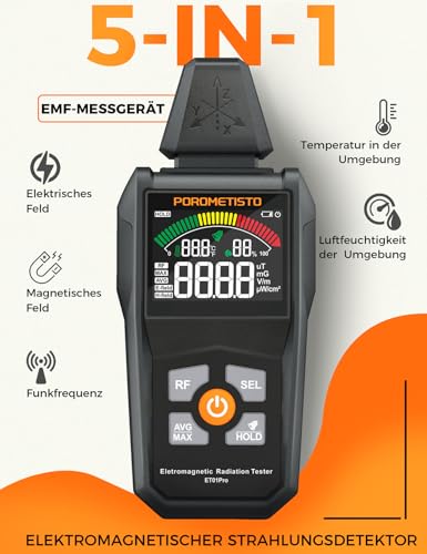POROMETISTO ET01PRO 5-in-1 EMF Messgerät – Elektrosmog Messgerät mit EF/MF/RF/Temperatur/Luftfeuchtigkeit, Max/Min/Speicher, Ideal für Profis, Zuhause & Geisterjagd