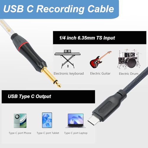 Cable USB-C para guitarra 1/4" TS a USB-C de 3.3 pies miniatura 2