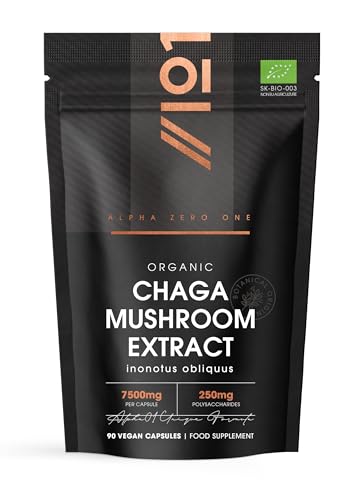 Organic Chaga Mushroom Capsules 7500mg 50% Polysaccharides (250mg) - 90 Vegan Capsules (3 Months Supply) Resealable and Recyclable Pouch - By Alpha01