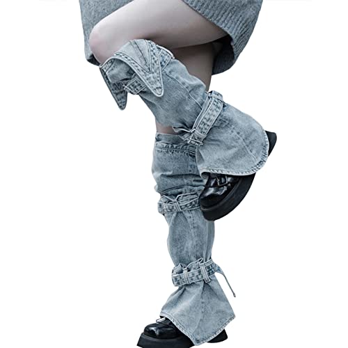 Tsultryofs Women's Y2K Denim Leg Warmers 80S Knee High Harajuku Buckle Jean Socks Punk Gothic Leg Cover Stockings Streetwear (Blue, S) #TOP3