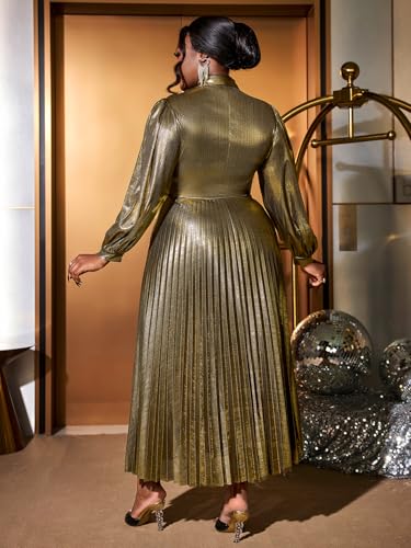 AOMEI Women's Metallic Collar Button Down Elegant Pleated Work Dress Lantern Sleeve High Waist Casual Maxi Dresses for Women3