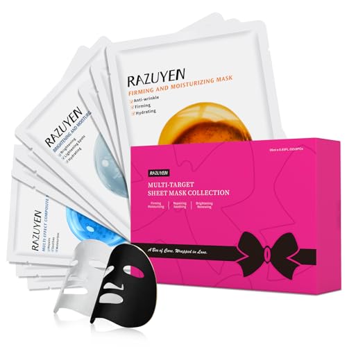 RAZUYEN Gesichtsmasken-Set mit Peptiden, Vitamin C und Panthenol B5 – Anti-Aging, Aufhellend, Beruhigende Gesichtspflege für alle Hauttypen, Feuchtigkeitsspendend und Straffend (9 Masken)