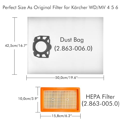 Aoonar Kit di 4 x filtri HEPA – compatibili con aspirapolvere Kärcher WD4, WD5, WD6, WD5P, WD6P, MV4, MV5, MV6 – ricambio per KFI 4410 (2.863-005.0)