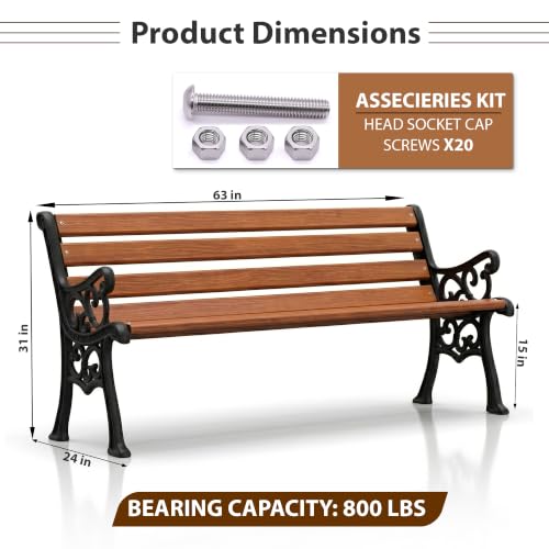 Image of BRISHI 3 Seater Cast Iron FRP Garden Bench for Indoor & Outdoor Park /Patio /Living Room /Terrace /Balcony (Black+ Wooden Texture)