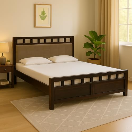Image of EXCEL International Matrix Solid Sheesham Wood Queen Size Bed Without Storage | Wooden Double Bed with Velvet Upholstery Cushioned Headboard for Bedroom | Rosewood, Provincial Teak