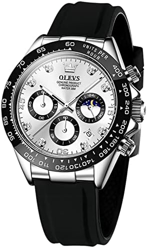 OLEVS Watch for Men Stylish Black Silicone Band Luxury Dial Luminous Waterproof Multifunction Calendar Moon Phase Analog Chronograph Sports Quartz Wrist Watches