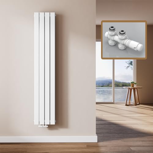 EMKE Radiatore Design Verticale, 160 x 30 cm, Radiatore Piatto da Parete in Acciaio, Doppio Pannello, Attacco Centrale, Bianco, 889W (valvole incluse)