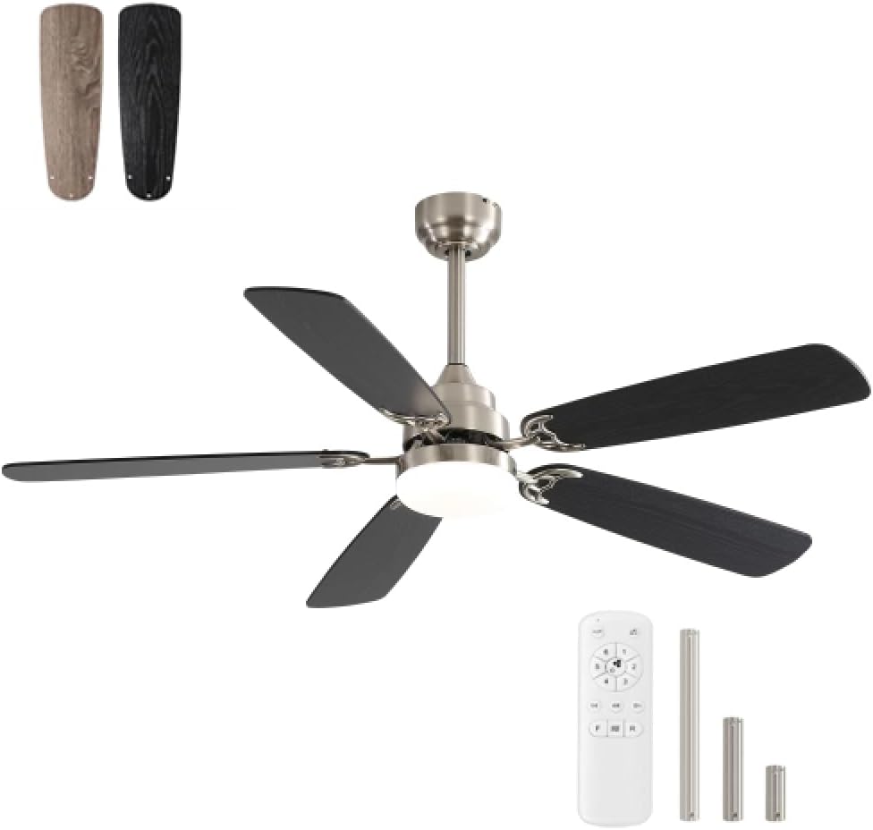 52 Inch Classics Ceiling Fan with Led Light 6 Speed Wind 5 Blades Remote Control DC Motor For Indoor (Nickel + MDF)