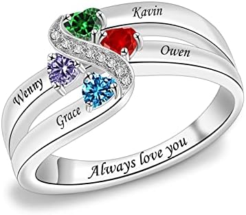 Sterling Silver Mothers Rings with 1-6 Birthstones Women Personalized Rings Engraving Family Name Rings Custom Rings for Mom Grandma Nana (4 stone)