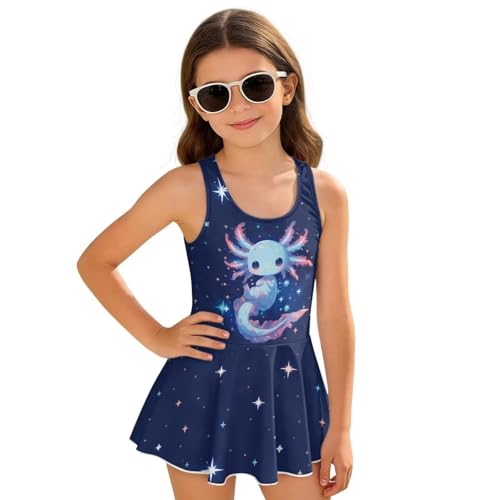 Luarisgur Axolotl Starry Sky Little Girls Swimsuit with Skirt Fashion Bathing Suits for Girls 10-12 One Piece Sleeveless Swim Dress Stretch Fabric Kids Swimwear for Hawaii Vacation Beach Clothes