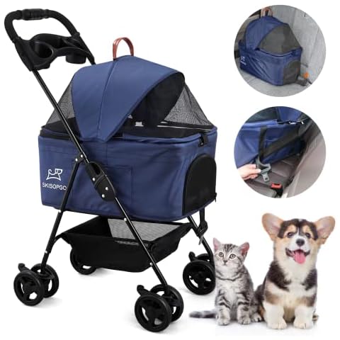 SKISOPGO Dog Cat Pet Gear 3-in-1 Foldable Pet Stroller Detachable Carrier, Car Seat and Stroller with Push Button Entry for Small Pets (Navy Blue) Cover