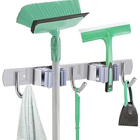 Saxhorn Broom Holder Wall Tool Holder Stainless Steel Broom Mop Holder Wall Mount Garden Tool Holder Self-Adhesive Tool Holder Organiser for Home Kitchen Bathroom Garden Garage (2 Holders) Cover
