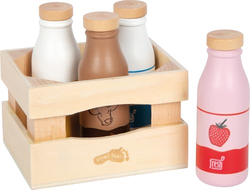 small Foot Kiste mit Milchgetränken Fresh Vier hochwertige Holzflaschen mit verschiedenen Milchsorten inkl. Holzkiste Kaufmannsladen-Zubehör für Kinder ab 3 Jahren 12820