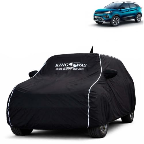 Image of KINGSWAY Super Waterproof Car Cover Only with Tata Nexon EV (Year 2020 to 2023 - All Model) | Mirror and Antenna Pockets | All Weather Car Body Cover with Silver Piping | Black