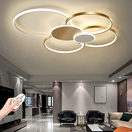 Plafonnier LED Grand Salon Lampe Plafond Dimmable Avec Télécommande Anneaux Ronds Design Créatif Métal Acrylique Éclairage Salle Manger Chambre Décor Pendentif Lumière,D'or,80cm/71W