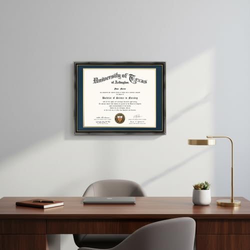 GraduationMall 14x17 Diploma Frame with Navy over Gold Mat or Display 16x20 Certificate without Mat,Solid Wood & Tempered Glass,Glossy Black Finish with Gold Trim by GraduationMall - Used condition - Image 2