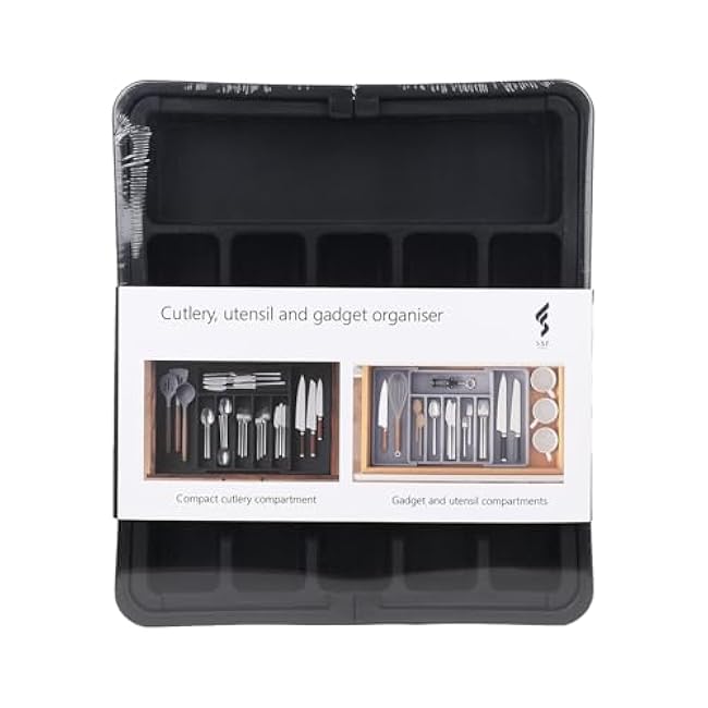 S&F Homes Cutlery kitchen organizer, drawer organizer for storage and organization, expandable tray, flatware and silverware holder for kitchen, adjustable cutlery holder, BPA-Free. (Black)