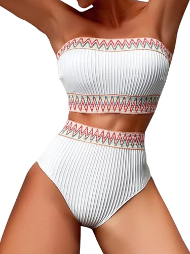 HYTENSUN Women's Bandeau High Waisted Bikini Patchwork Strapless Ribbed Swimsuits Two Piece Bathing Suits