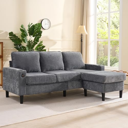 ModernLuxe Innovative Corner Sofa for Living Room, 3 Seater Sofas with 2 USB Charging Ports and 2 Cup Holders, Sumptuous Cushions, Reversible Chaise, Sectional L Shaped Sofa for Apartment, Linen, Grey